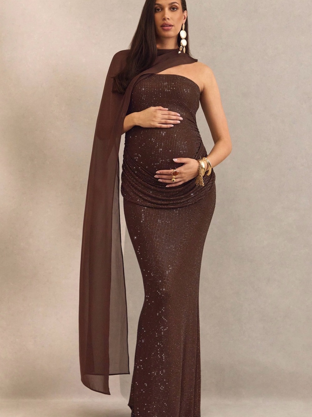 Sequin Maternity Column Dress with Draped Scarf - Brown